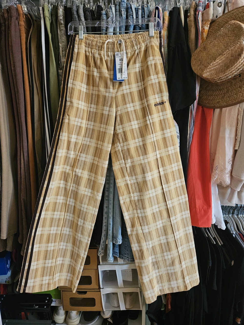 adidas Plaid Yellow, Cream, Brown Wide-Leg Track Pants with Side Stripes